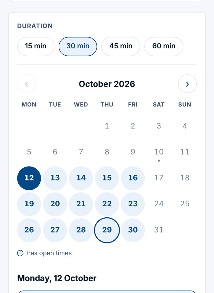 A guest booking through the team page sees "You will meet Aoife Kelly, Designer, Dublin" before choosing a time