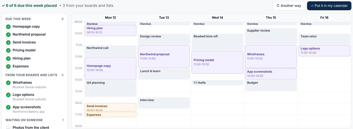 The week planned: focus blocks for each to-do and task placed around the meetings, admin in the afternoon