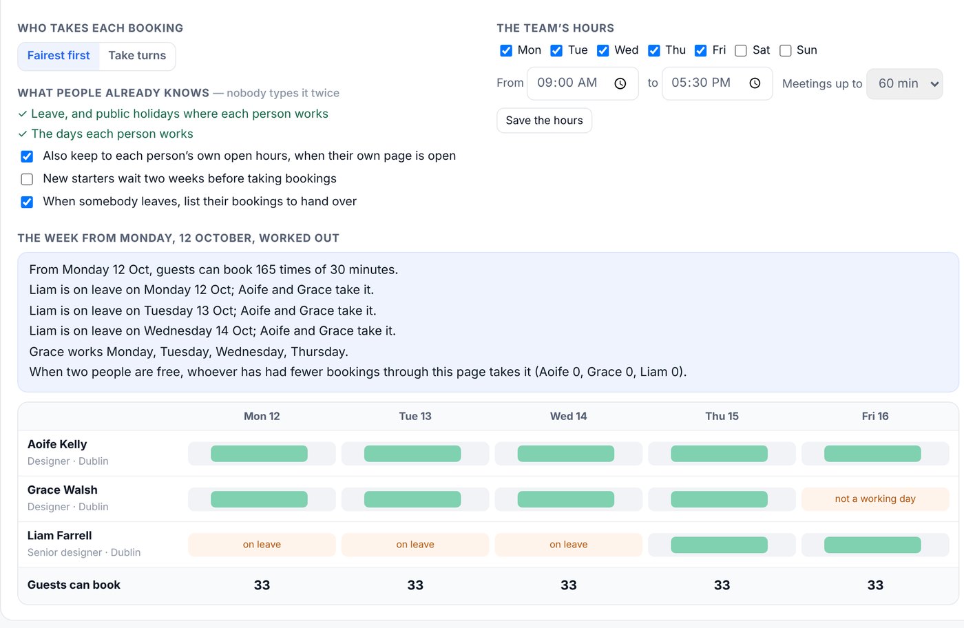 A team booking page: who takes each booking, what nex-cal already knows about leave and working days, and the week worked out in sentences
