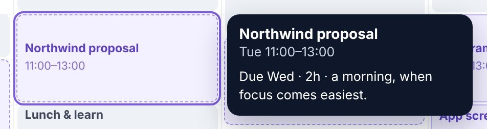 Every block says why: due Wednesday, two hours, a morning, when focus comes easiest