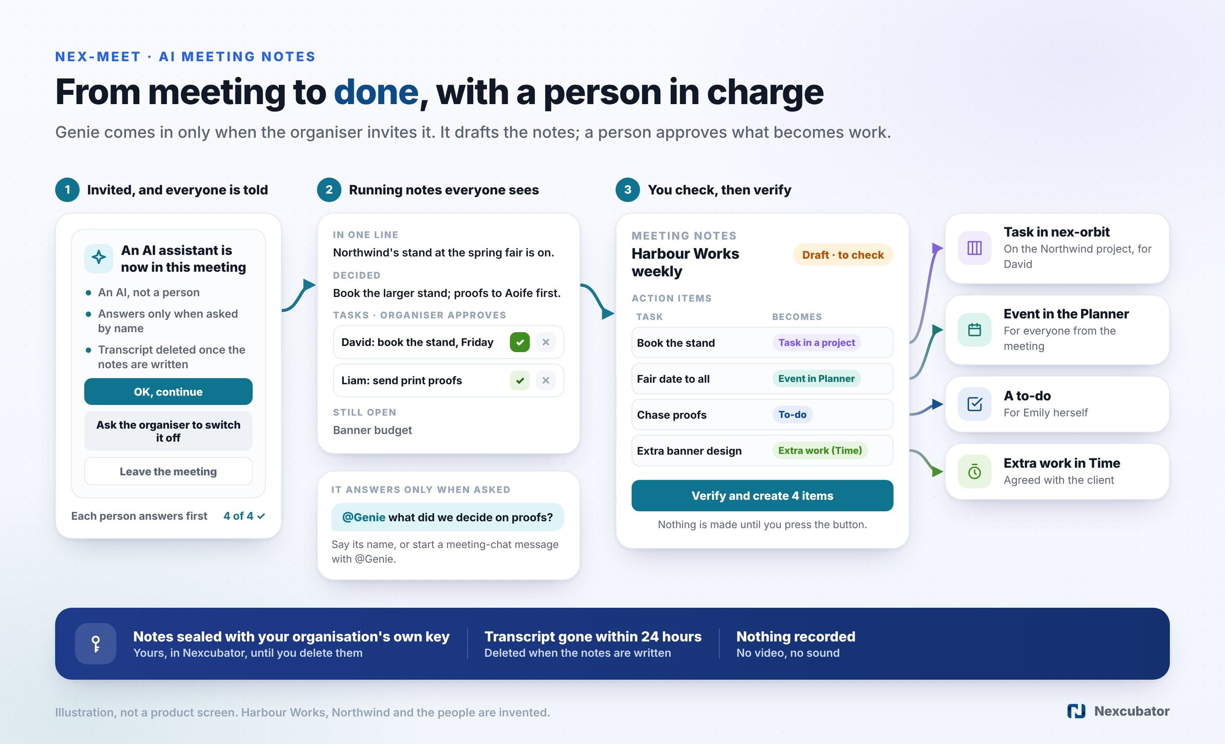 AI meeting notes flow: everyone is told when Genie joins, running notes with tasks the organiser approves, then meeting notes and action items verified into a nex-orbit task, a Planner event, a to-do and extra work in Time, with the notes sealed with your organisation's own key