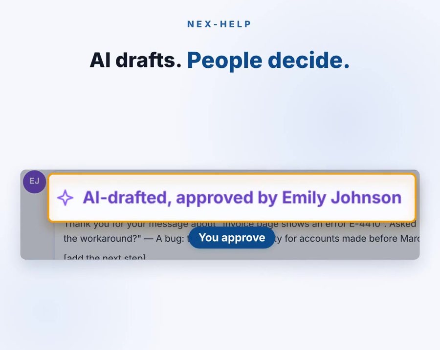 AI drafts, people decide: a reply marked as AI-drafted and approved by a named person