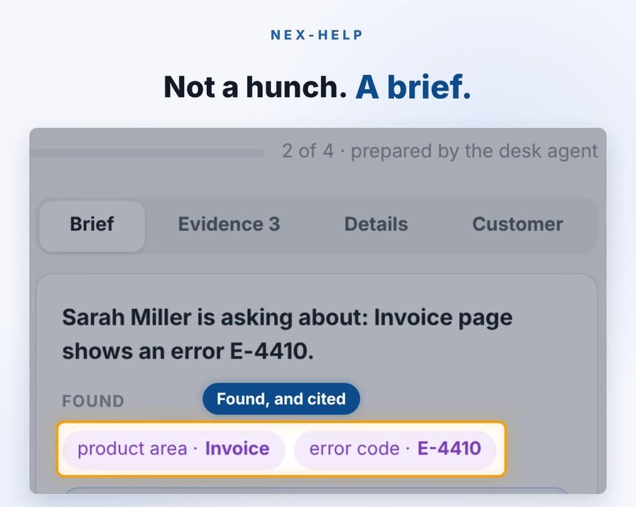 A brief prepared by the desk agent: the request, and the product area and error code it found and cited