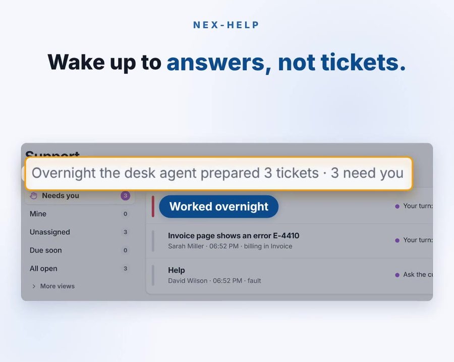 The support inbox in the morning: the desk agent prepared three tickets overnight, and three need a person